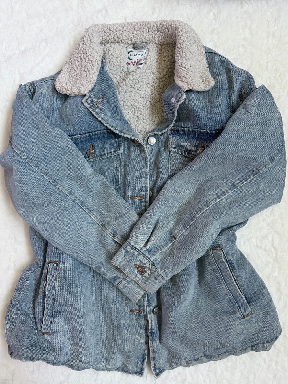 Stoosh Light Wash Denim Jacket with Cream Sherpa Collar